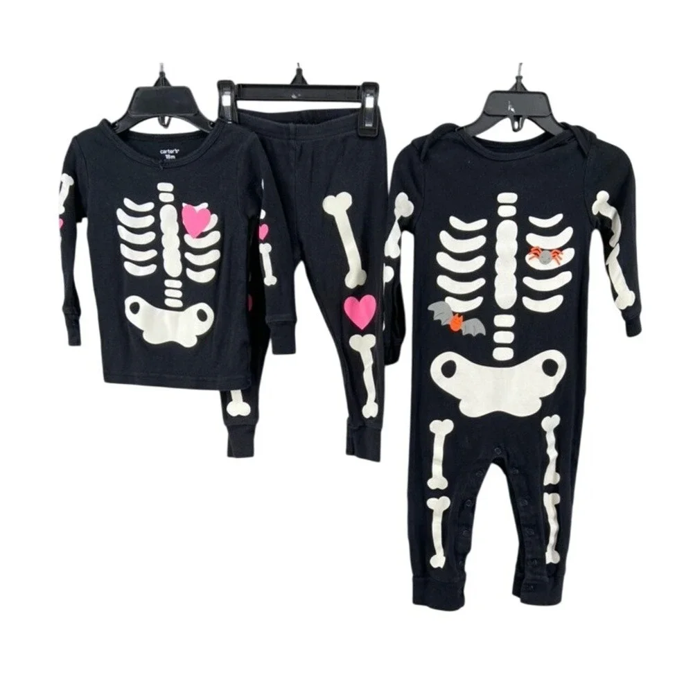 Carters Pajamas Rompers Girls Sz 18‎ mos. Set of 2 Black Skeleton Halloween